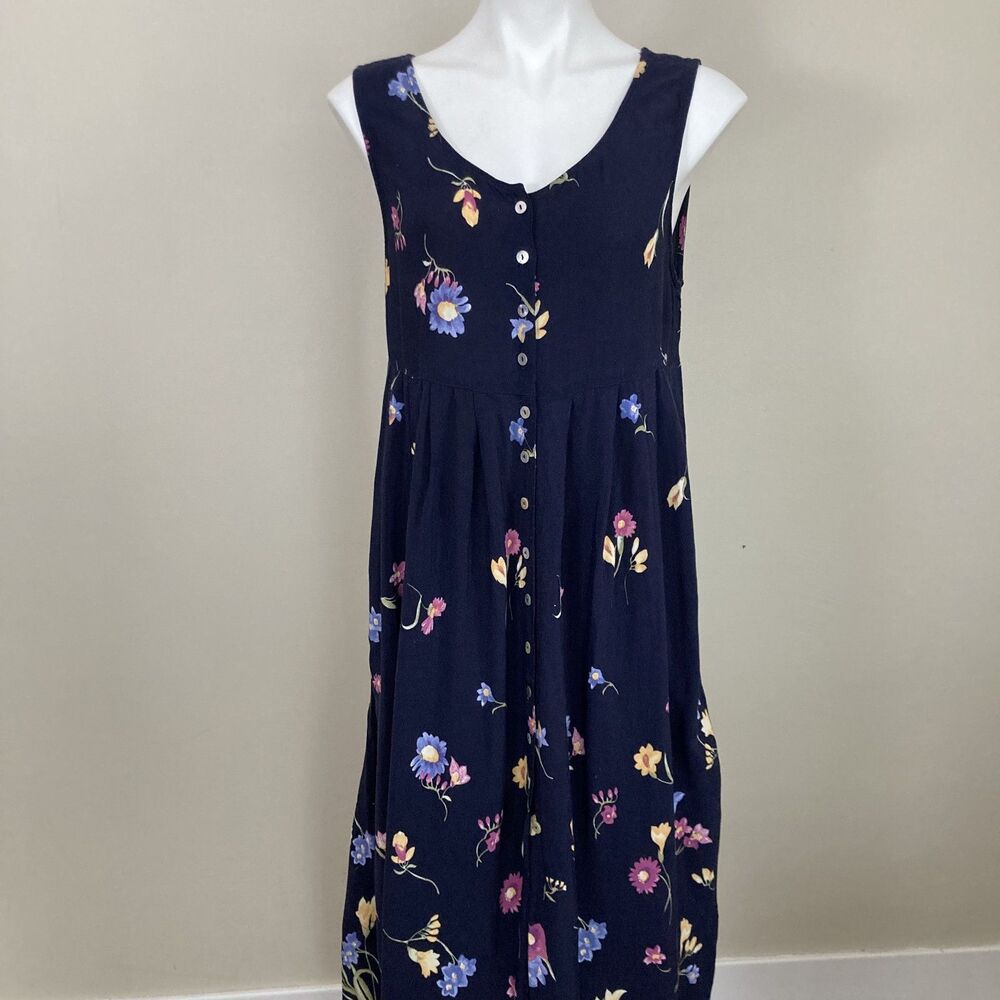 Vintage 90s Grunge Express Floral Sundress Button Up Maxi Dress Navy Women Large - Picture 3 of 8